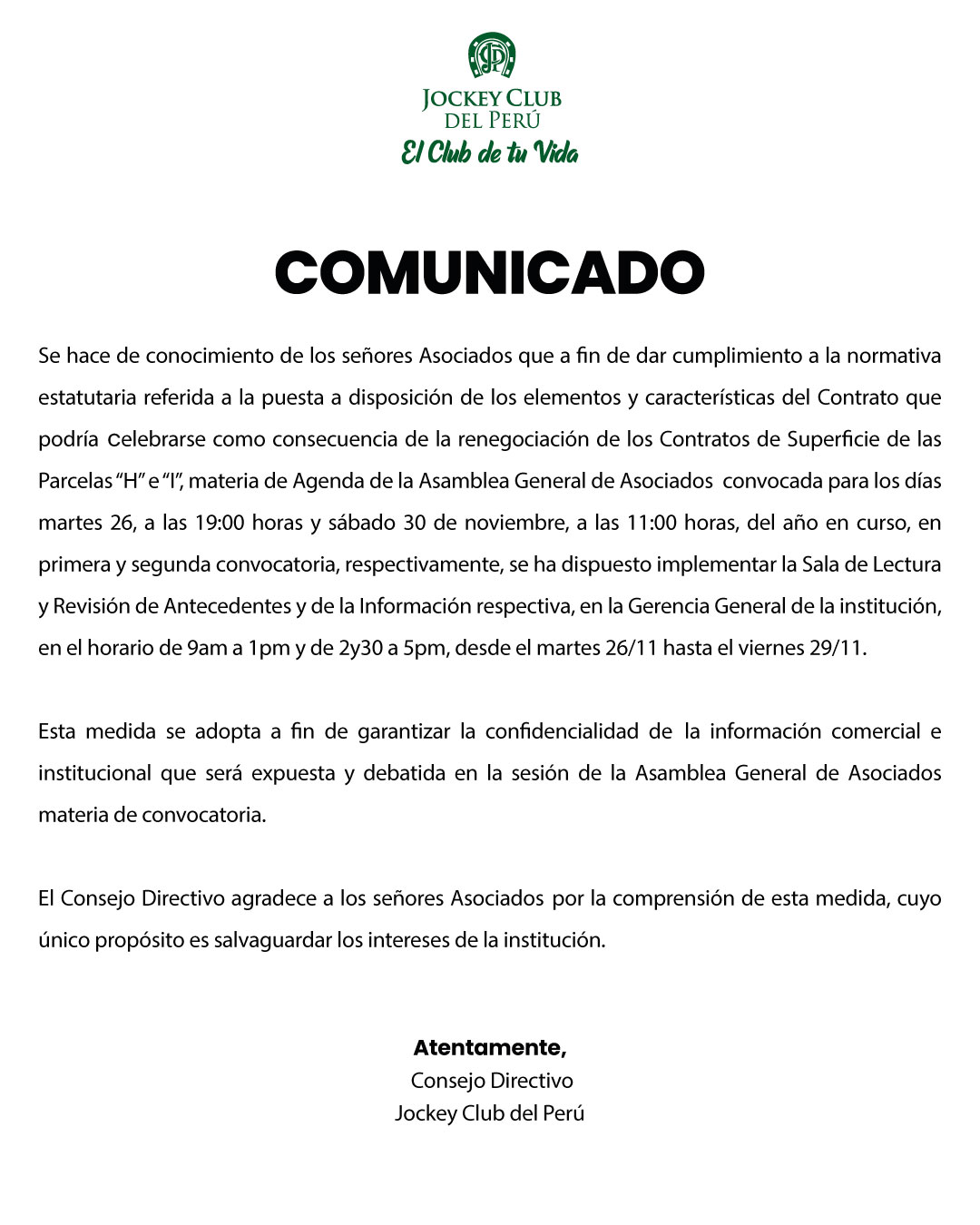 Comunicado Asamblea General - Parcelas H e I